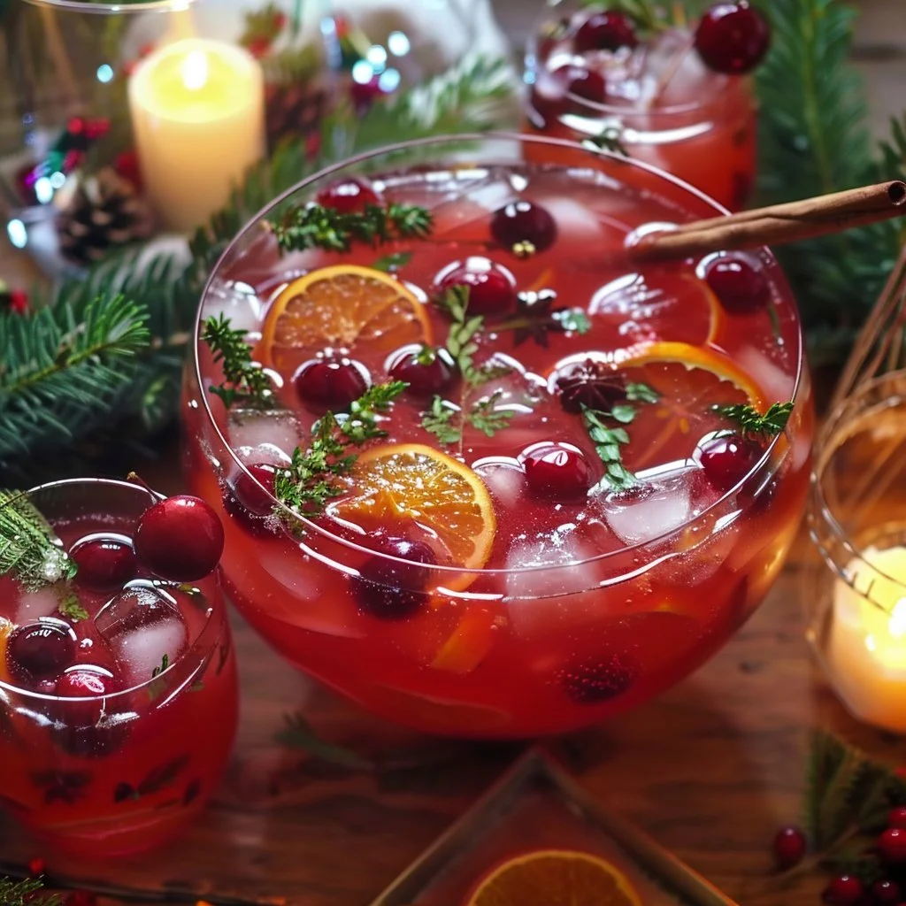 No-alcohol Christmas punch in a festive glass with holiday decorations