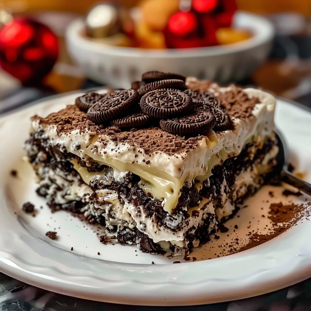 No-Bake Christmas Oreo Lasagna dessert with layers of cookies and cream