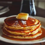 Stack of old fashioned pancakes served with syrup and berries