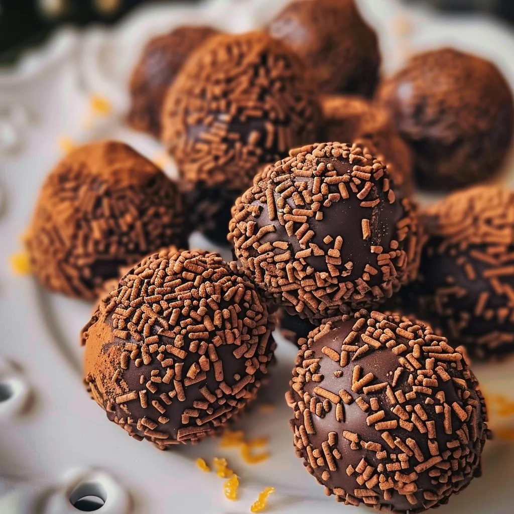 Delicious homemade Orange Chocolate Christmas Truffles on a festive plate.