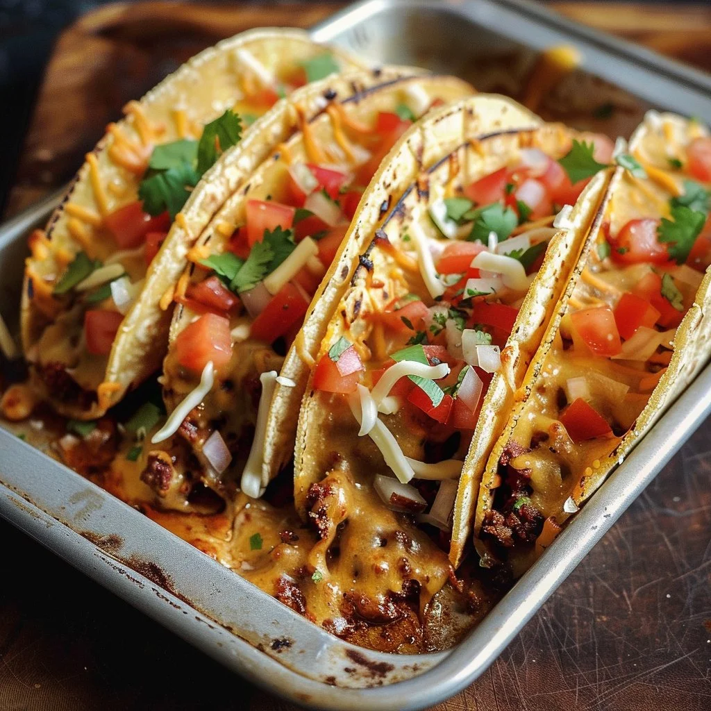 Oven-baked cheesy tacos loaded with melted cheese and toppings