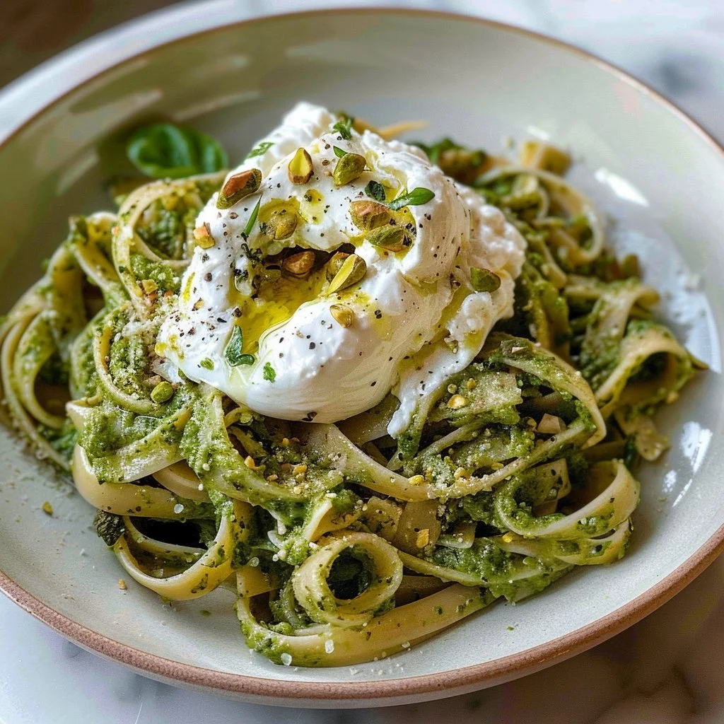 Delicious Pistachio Pesto Pasta topped with creamy Burrata cheese