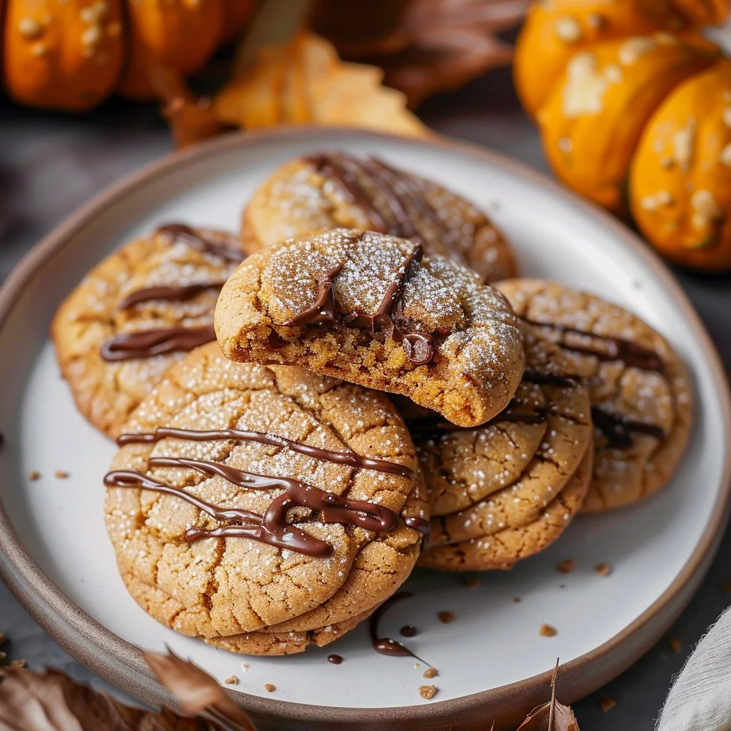 Delicious homemade Pumpkin Nutella Cookies on a wooden table