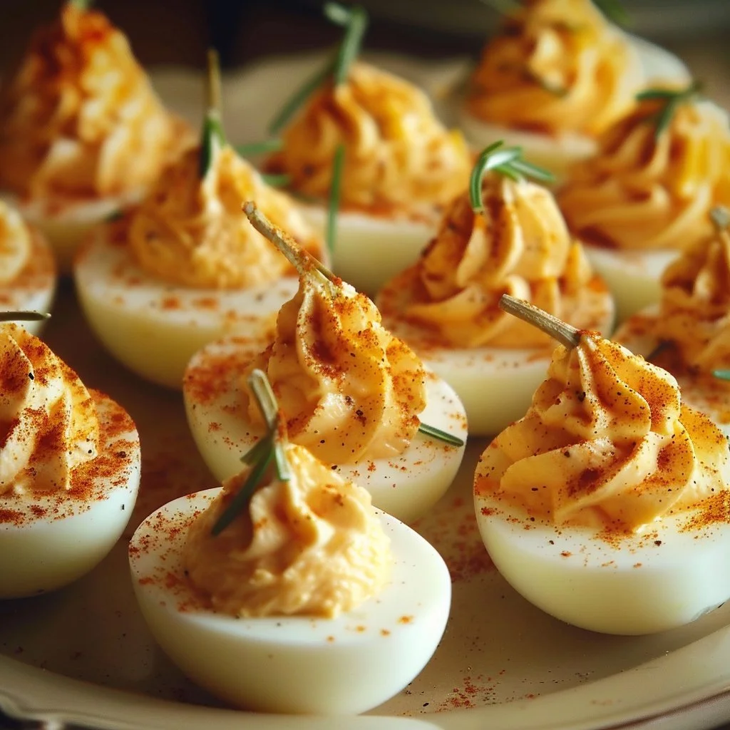 Pumpkin Patch Deviled Eggs served on a platter with seasonal decorations