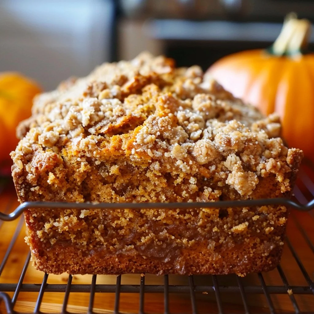Delicious homemade Pumpkin Streusel Bread topped with crumbly streusel.