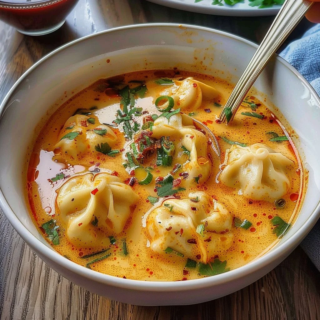 Quick coconut curry soup with fluffy dumplings in a bowl