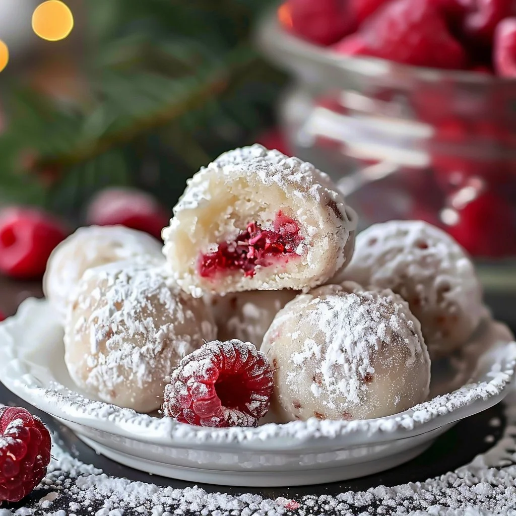 Raspberry Almond Snowball Cookies dusted with powdered sugar on a plate