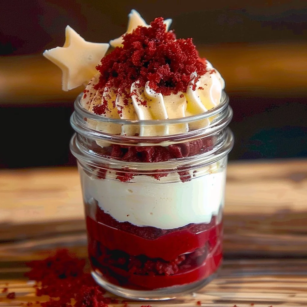 Red velvet cake layered in a jar with cream cheese frosting and decorative sprinkles