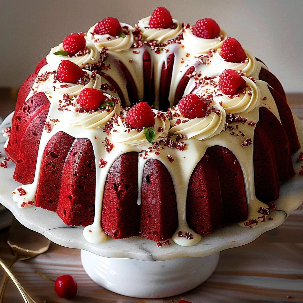 Red Velvet Cream Cheese Bundt Cake topped with cream cheese frosting