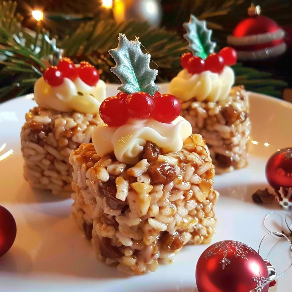 Rice Krispie Christmas Puddings decorated with icing and festive toppings