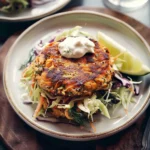 Salmon burgers topped with fresh slaw on a plate
