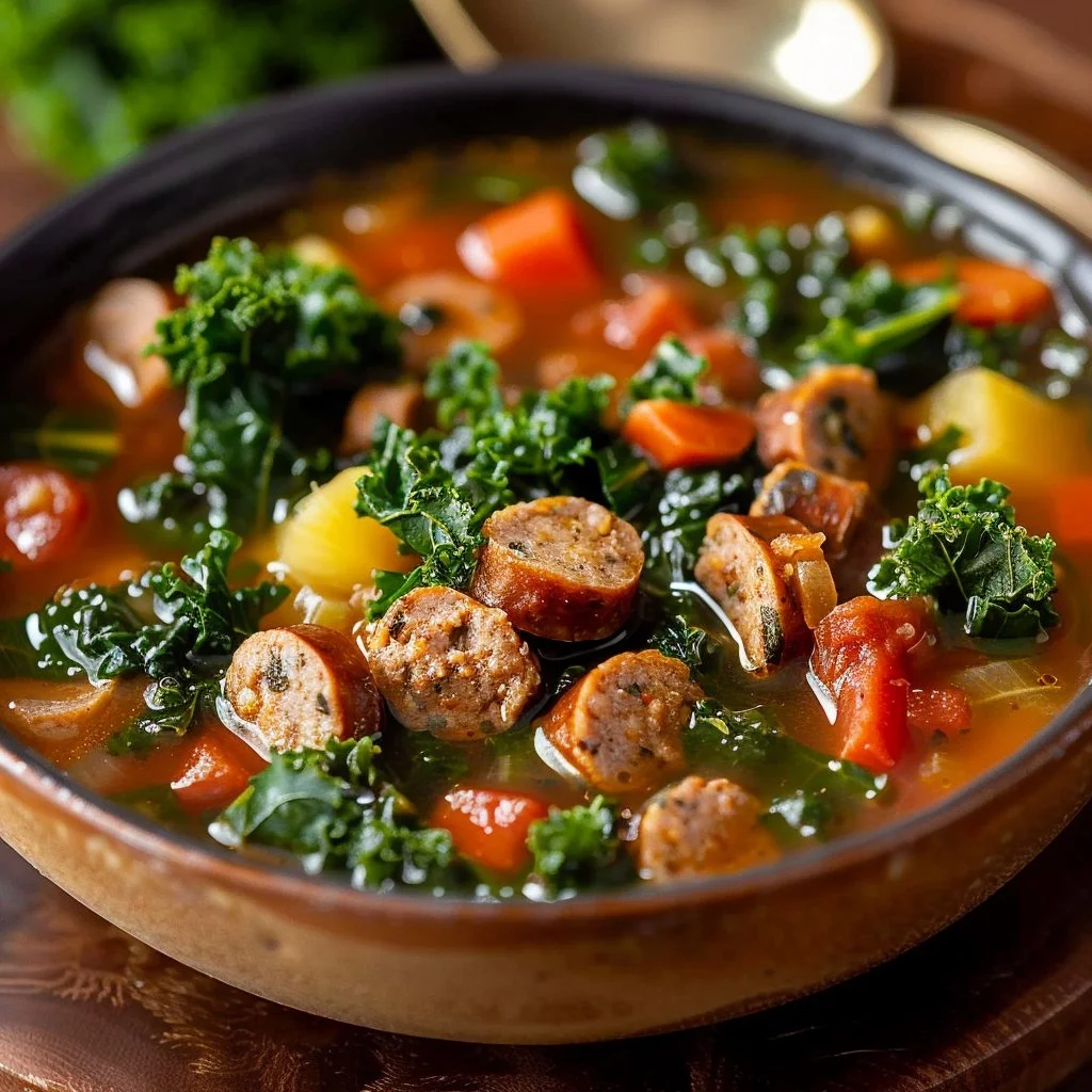 Bowl of hearty sausage kale soup with fresh greens and sausage pieces