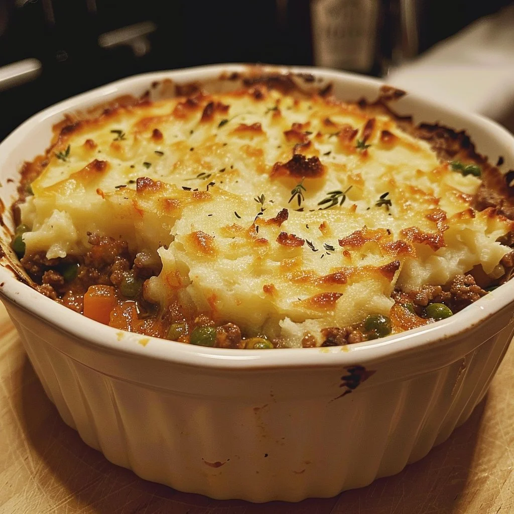 Delicious homemade Shepherd's Pie topped with creamy mashed potatoes.