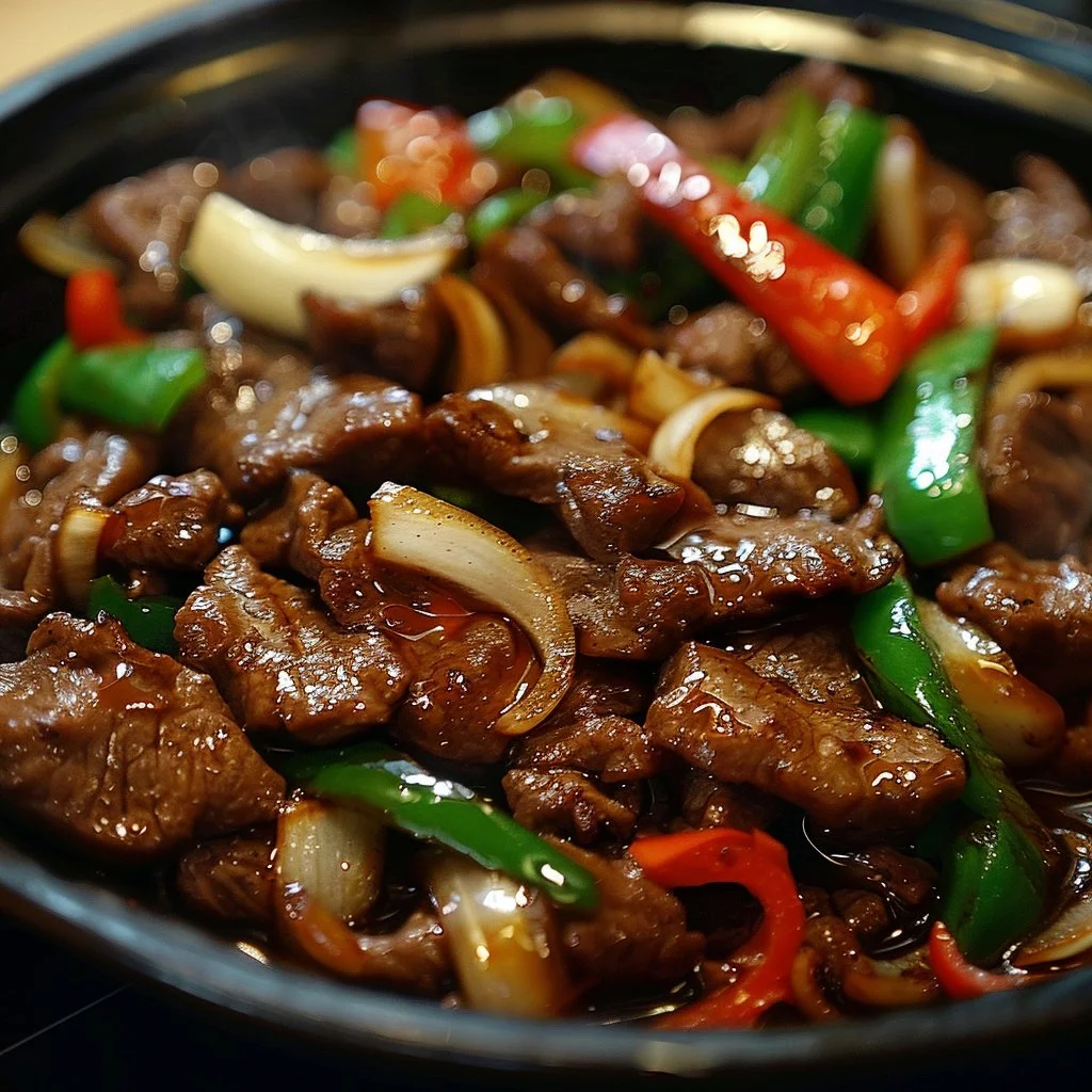 Sizzling Chinese pepper steak with onions served on a plate