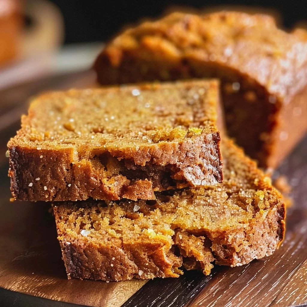 Loaf of freshly baked small batch pumpkin bread on a wooden table