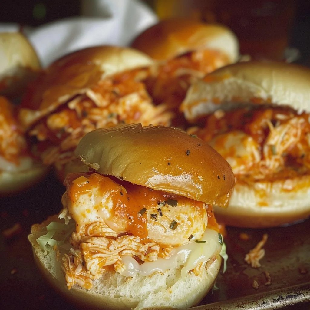 Delicious spicy buffalo chicken sliders served with dipping sauce.