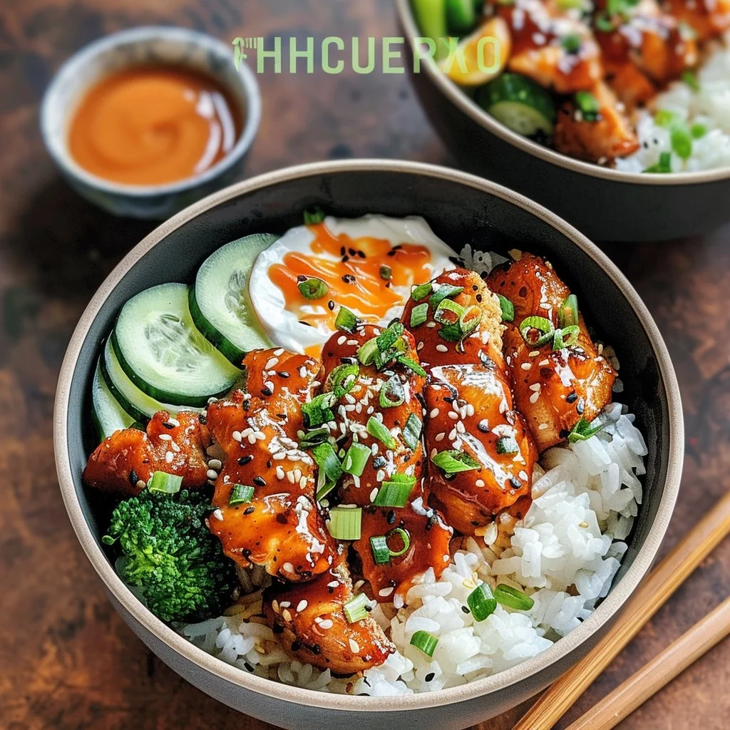 Delicious sticky chicken rice bowls topped with fresh ingredients and sauces.