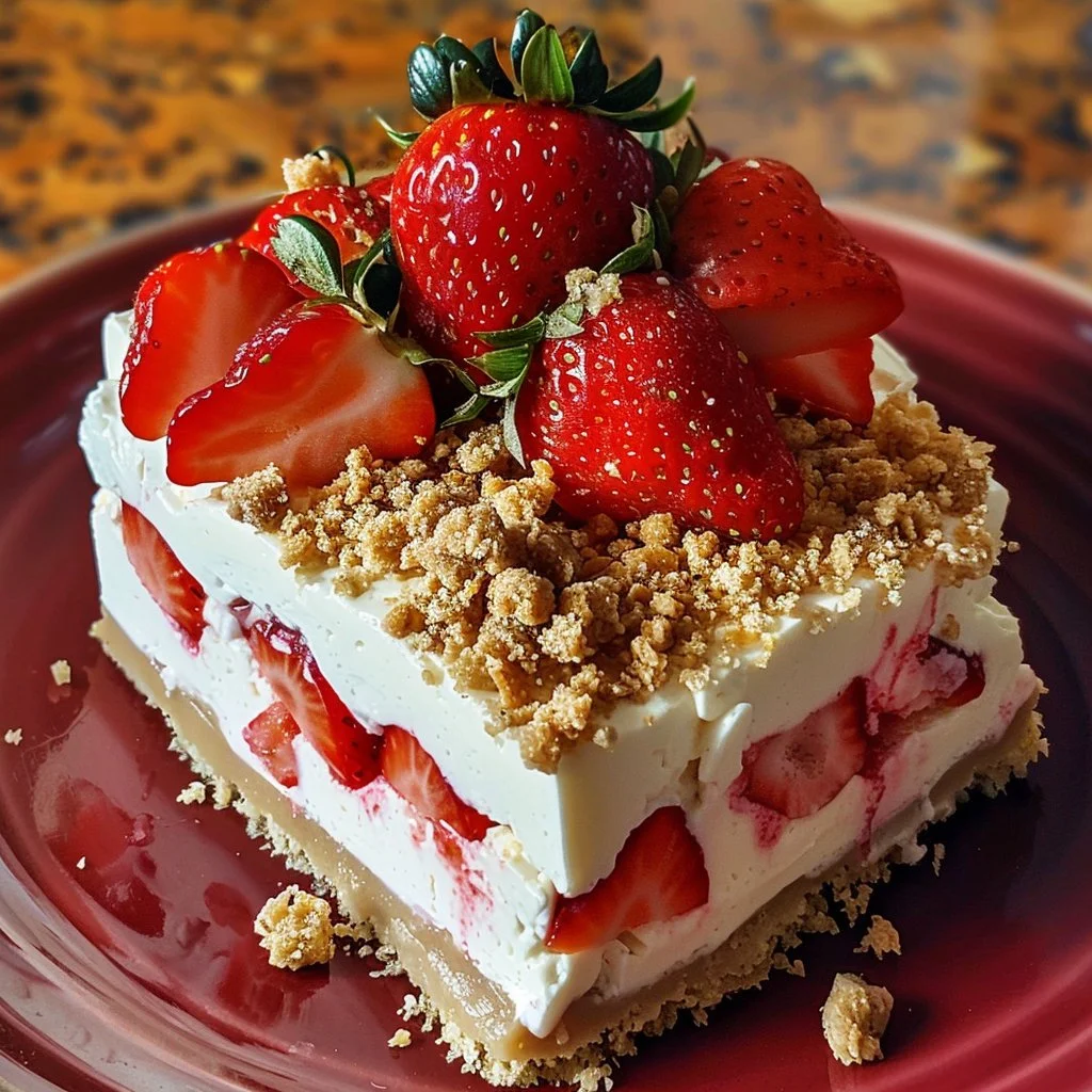 Strawberry Crunch Cheesecake Lush dessert with layers of strawberry and crunch topping