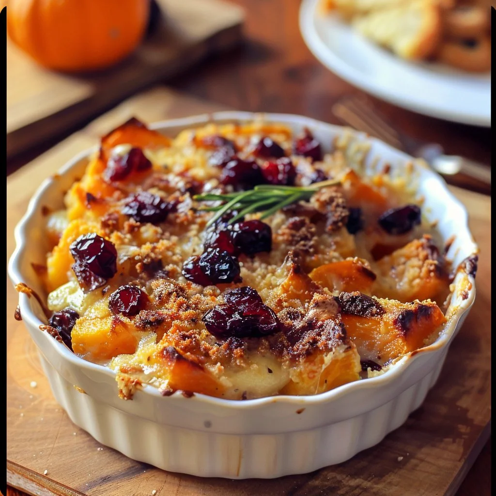 Delicious Sweet Potato & Cranberry Gratin baked to perfection.