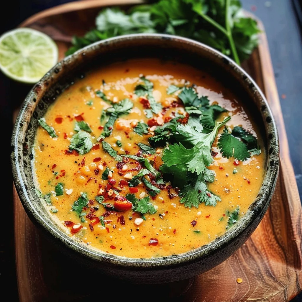 Bowl of Thai Coconut Red Lentil Soup garnished with herbs and spices
