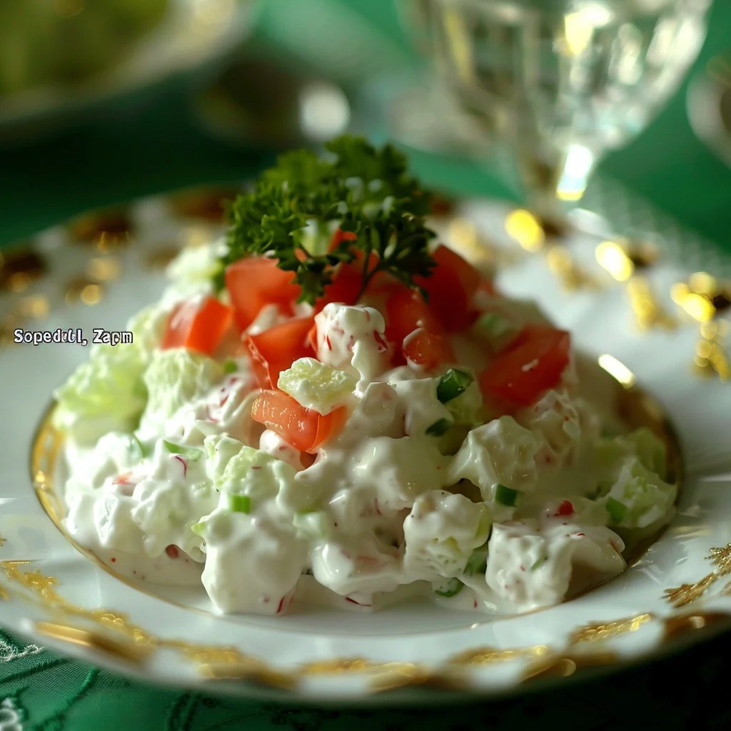A colorful serving of Watergate Salad, featuring pineapple, marshmallows, and whipped cream.