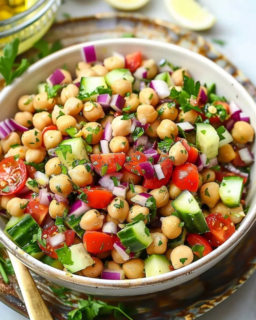 Vibrant Mediterranean Chickpea Salad with fresh vegetables and herbs