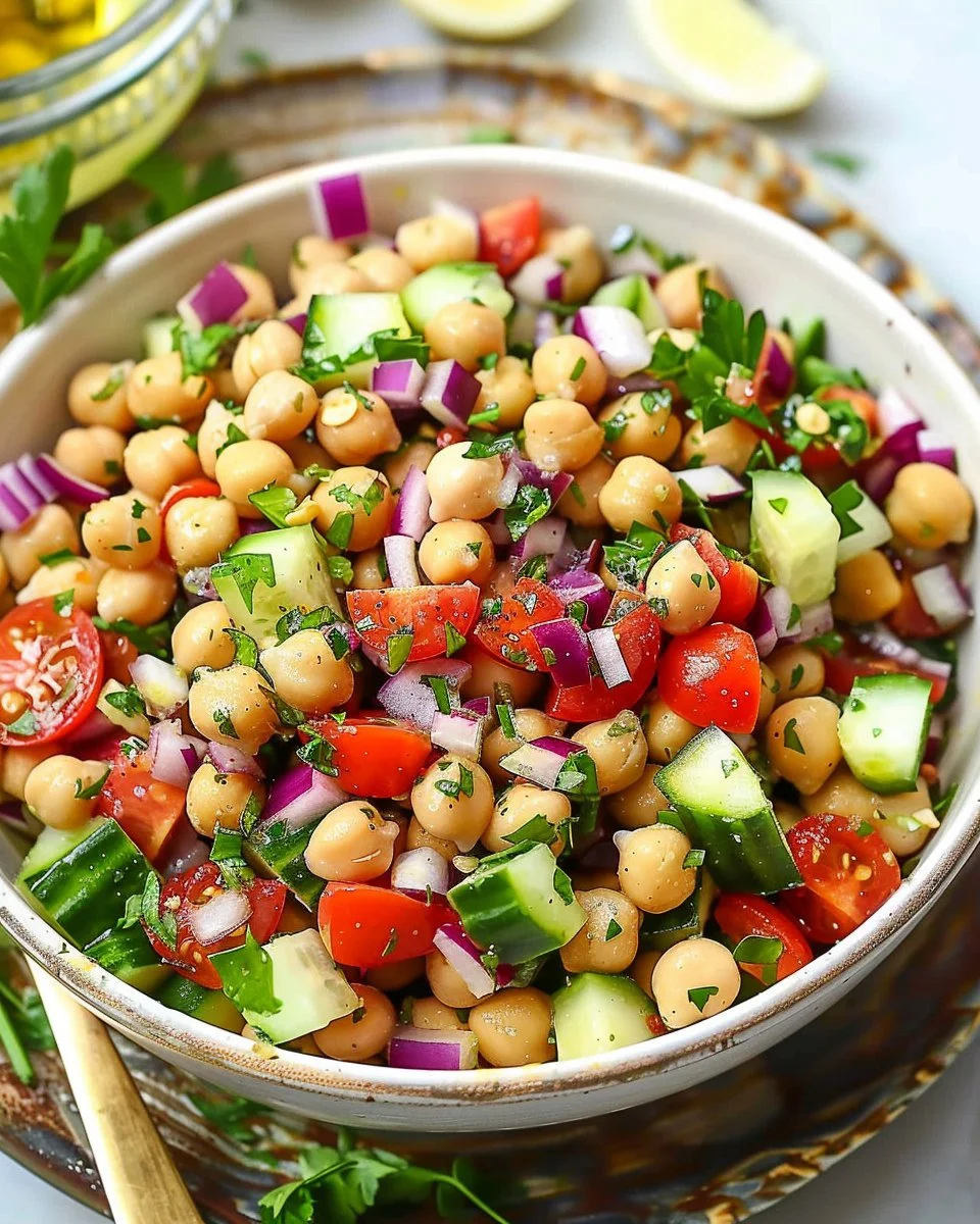 Vibrant Mediterranean Chickpea Salad with fresh vegetables and herbs