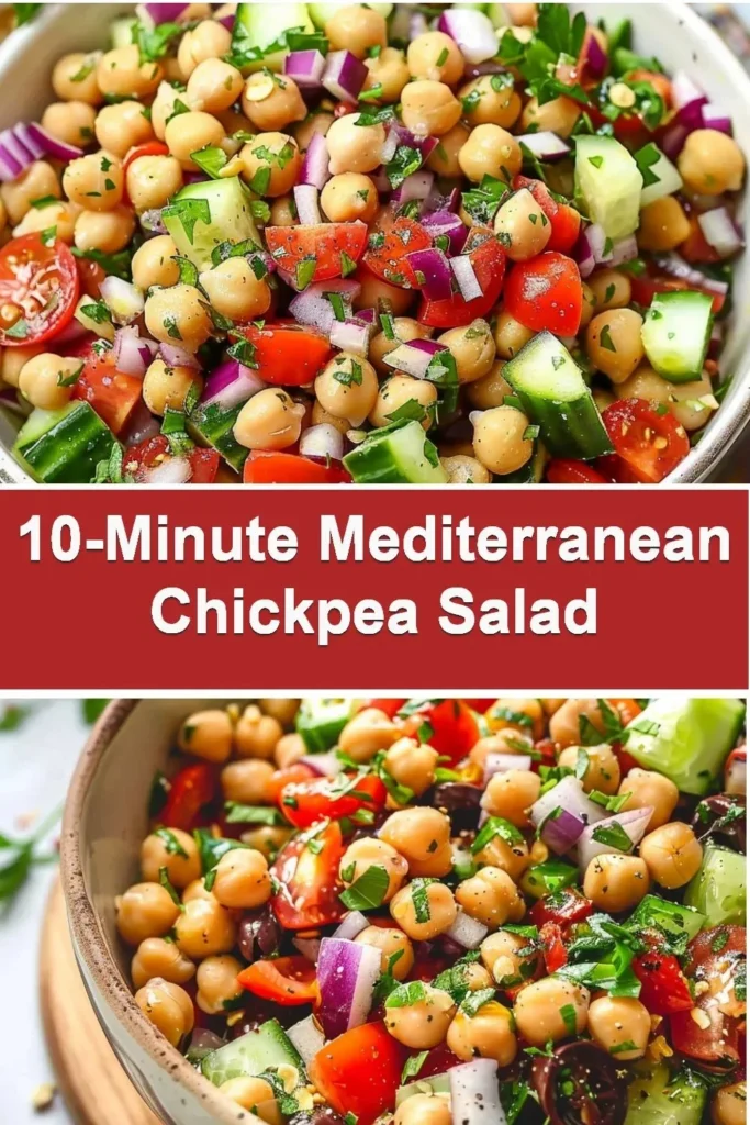 Fresh Mediterranean Chickpea Salad with vegetables, olives, and herbs.