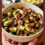 Air fryer crispy Brussels sprouts and bacon dish served in a bowl