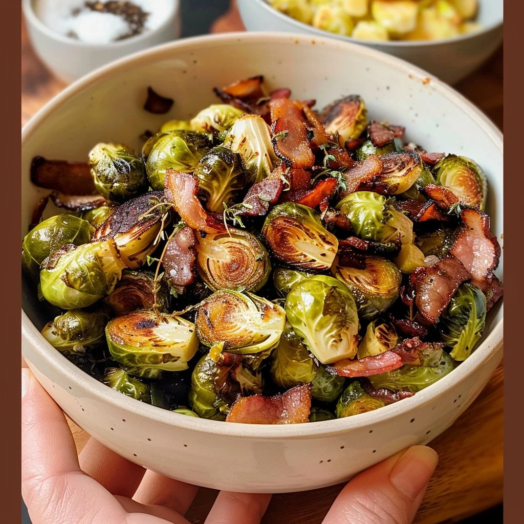 Air fryer crispy Brussels sprouts and bacon dish served in a bowl
