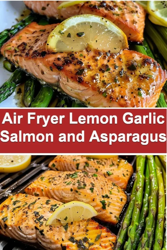 Air Fryer Lemon Garlic Salmon served with Asparagus on a plate