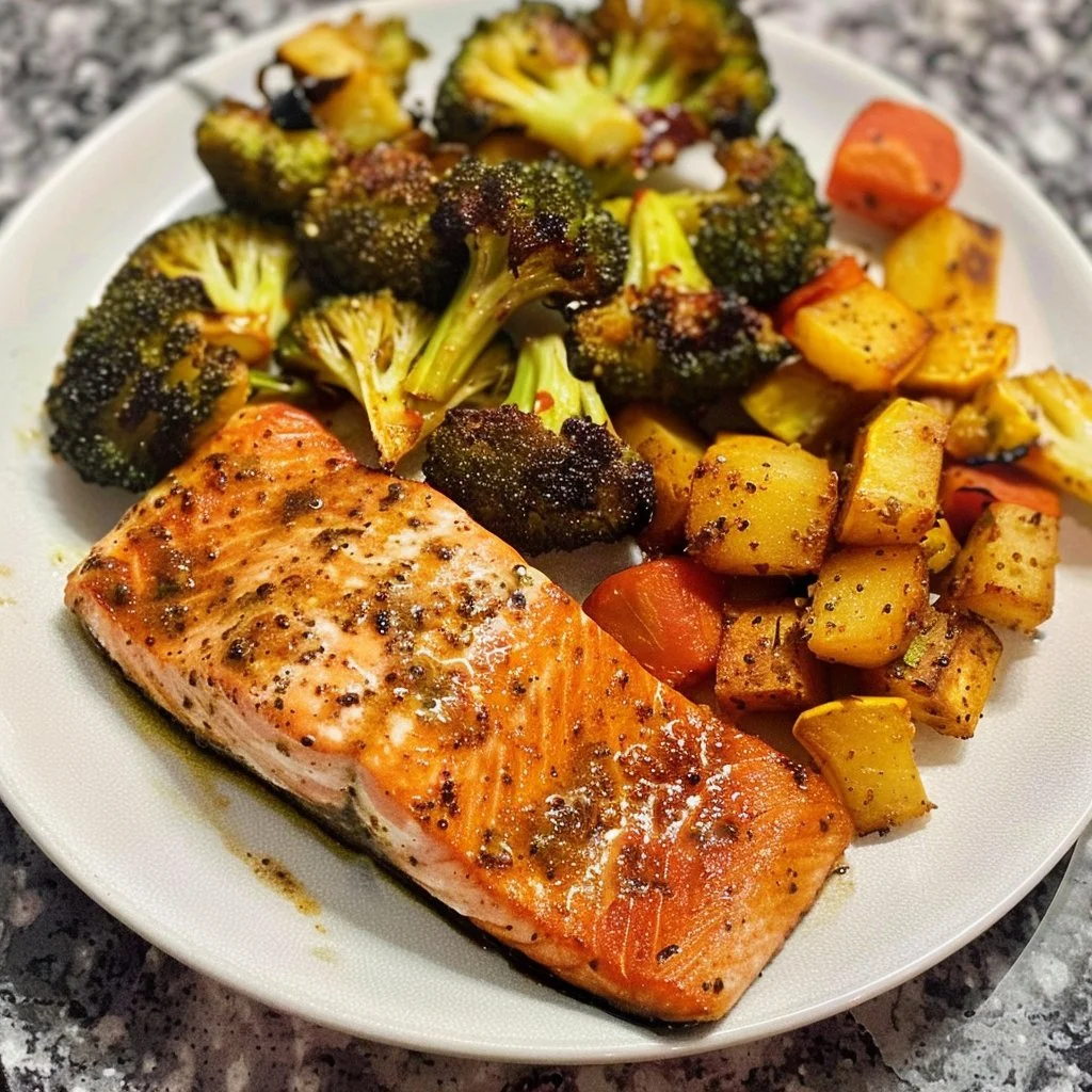 Cooked air fryer salmon and colorful vegetables on a plate