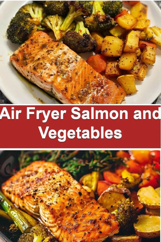 Delicious air fryer salmon and vegetables plated and ready to eat
