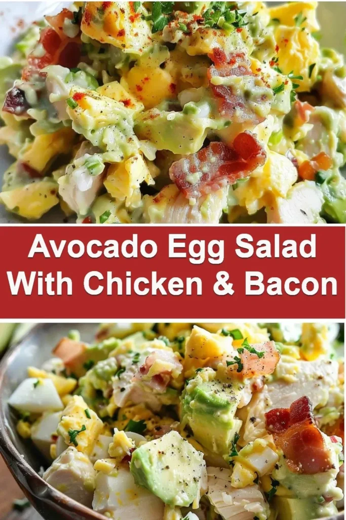 Avocado egg salad with chicken and bacon in a bowl, garnished with fresh herbs.