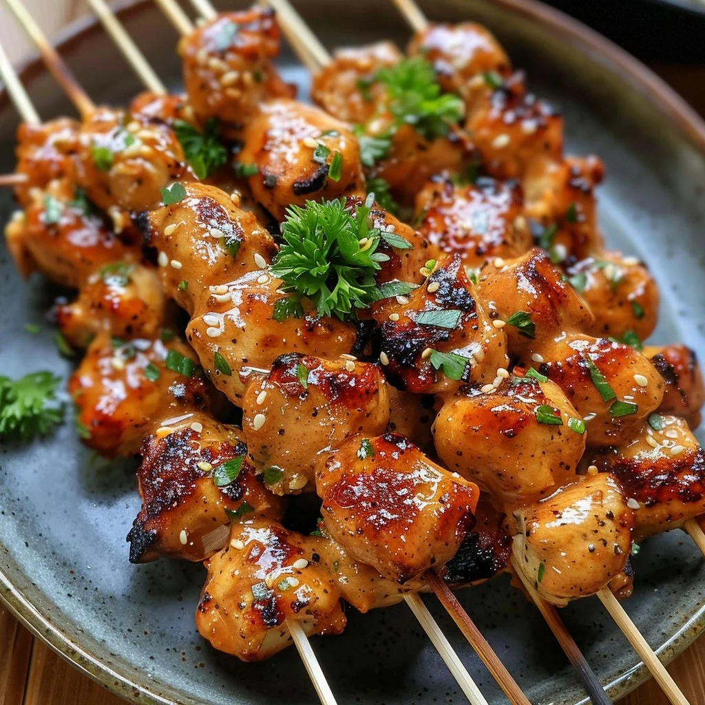 Delicious Bang Bang Chicken Skewers served on a grill platter.