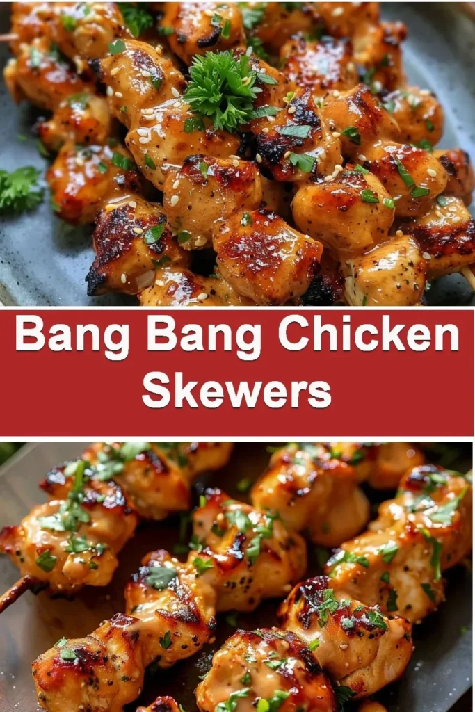 Delicious Bang Bang Chicken Skewers served with spicy sauce