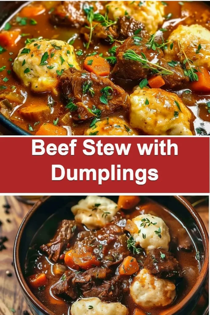 A bowl of beef stew with fluffy dumplings, garnished with herbs.