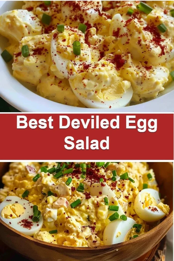 A delicious bowl of best deviled egg salad garnished and ready to serve.