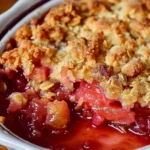Delicious homemade rhubarb crisp served in a dessert dish