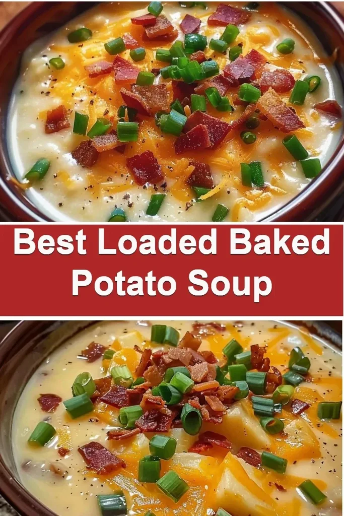 Creamy loaded baked potato soup topped with cheese, bacon, and green onions