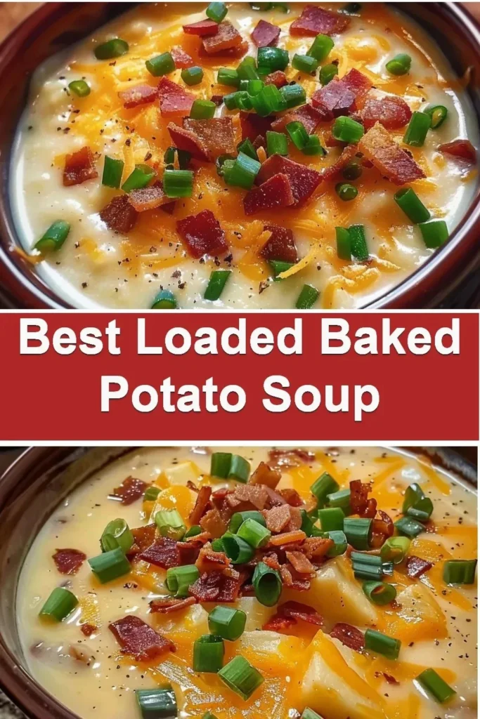 Creamy loaded baked potato soup topped with cheese, bacon, and green onions