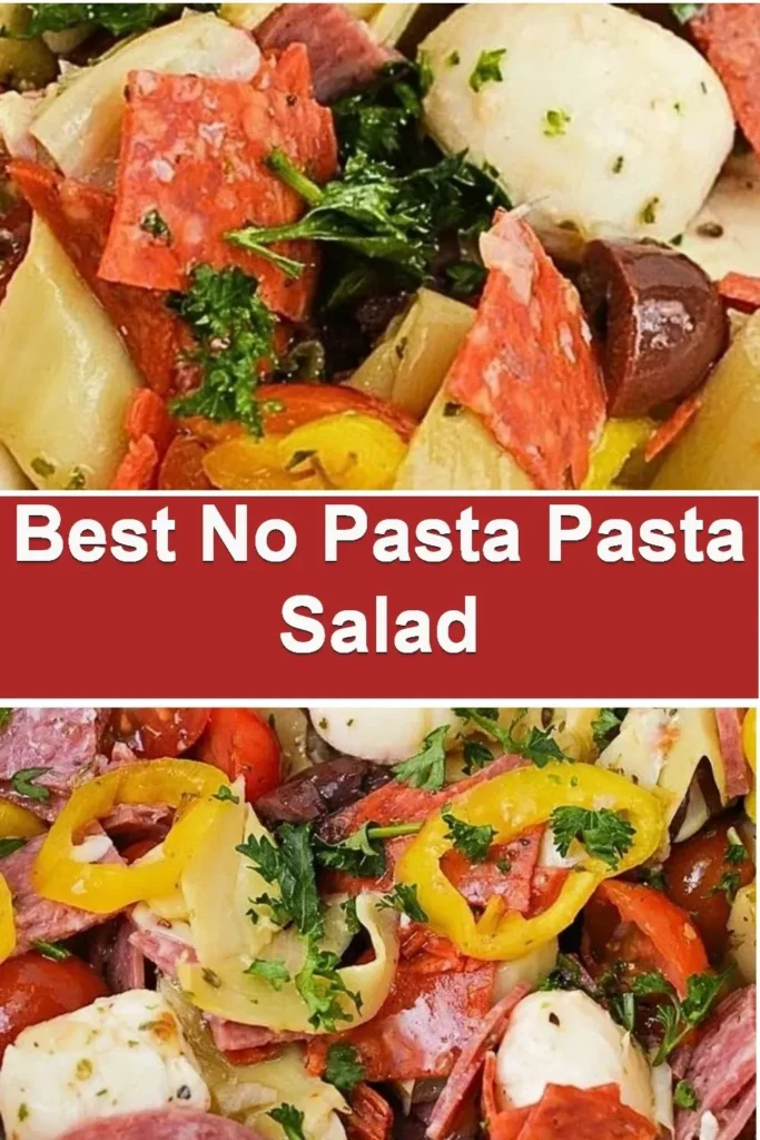 Delicious no pasta pasta salad with vibrant vegetables and dressing.