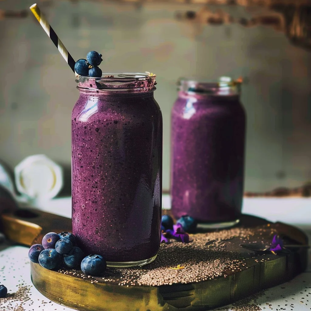 Blueberry Cacao Smoothie topped with flaxseeds in a glass