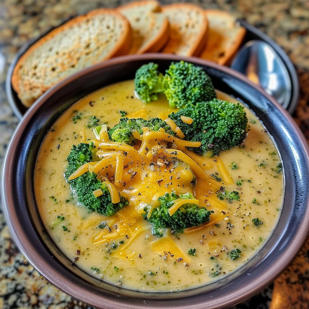 Bowl of creamy broccoli cheddar soup garnished with fresh herbs