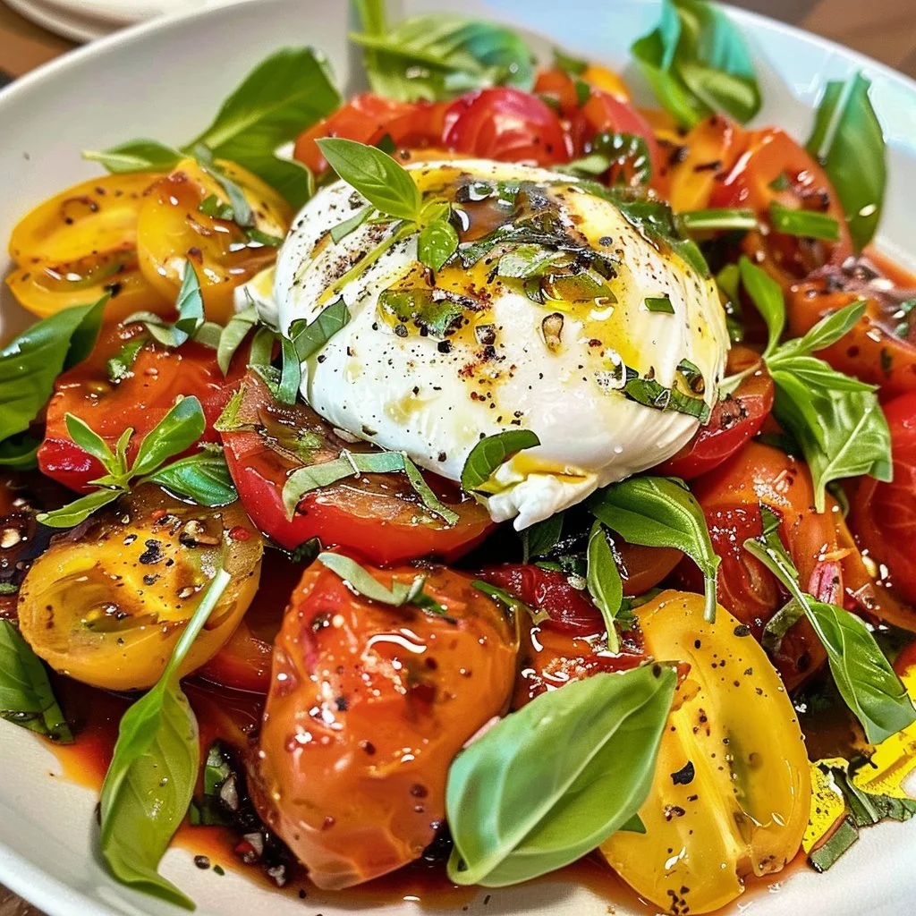 Burrata Salad with greens, tomatoes, and basil drizzled with olive oil.