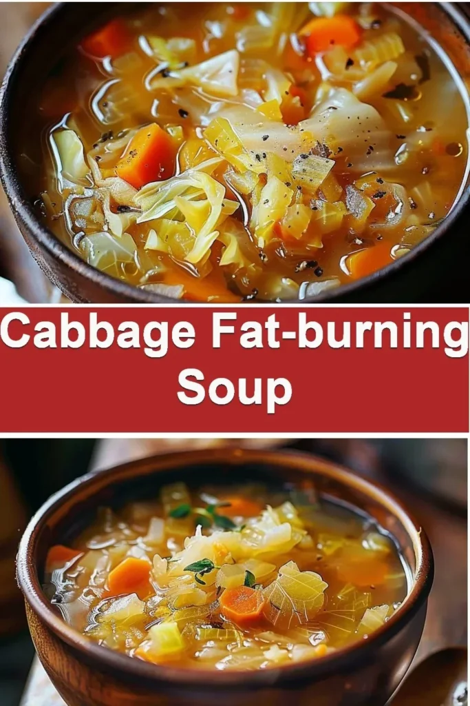 Bowl of cabbage fat-burning soup filled with fresh vegetables and herbs