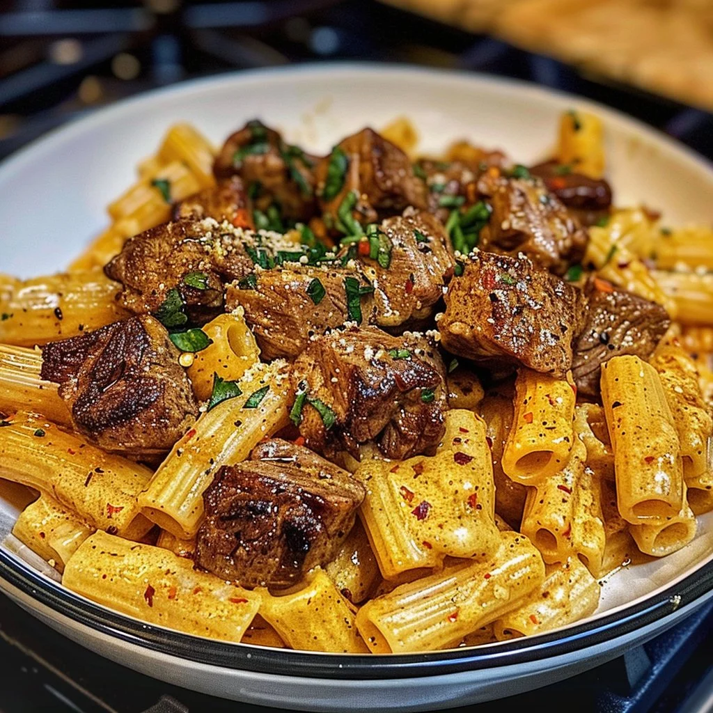Delicious Cajun steak tips served with cheesy rigatoni dish