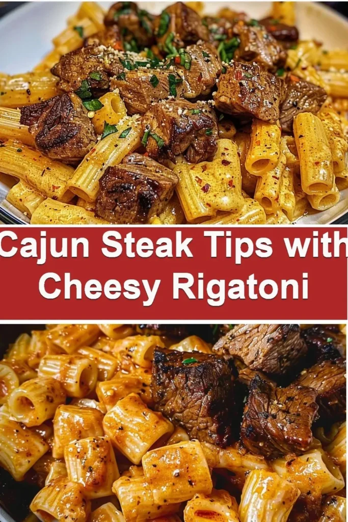 Cajun Steak Tips with Cheesy Rigatoni dish on a plate garnished with herbs