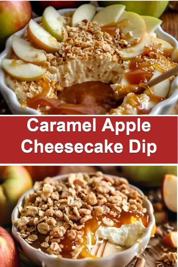 Delicious caramel apple cheesecake dip served with sliced apples and caramel sauce