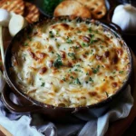 Creamy caramelized onion and Gruyère dip served in a bowl with crackers.